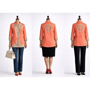 Bob Mackie Wearable Art Blouse 1X Plus Coral Linen Embroidered Floral Boho Tunic
